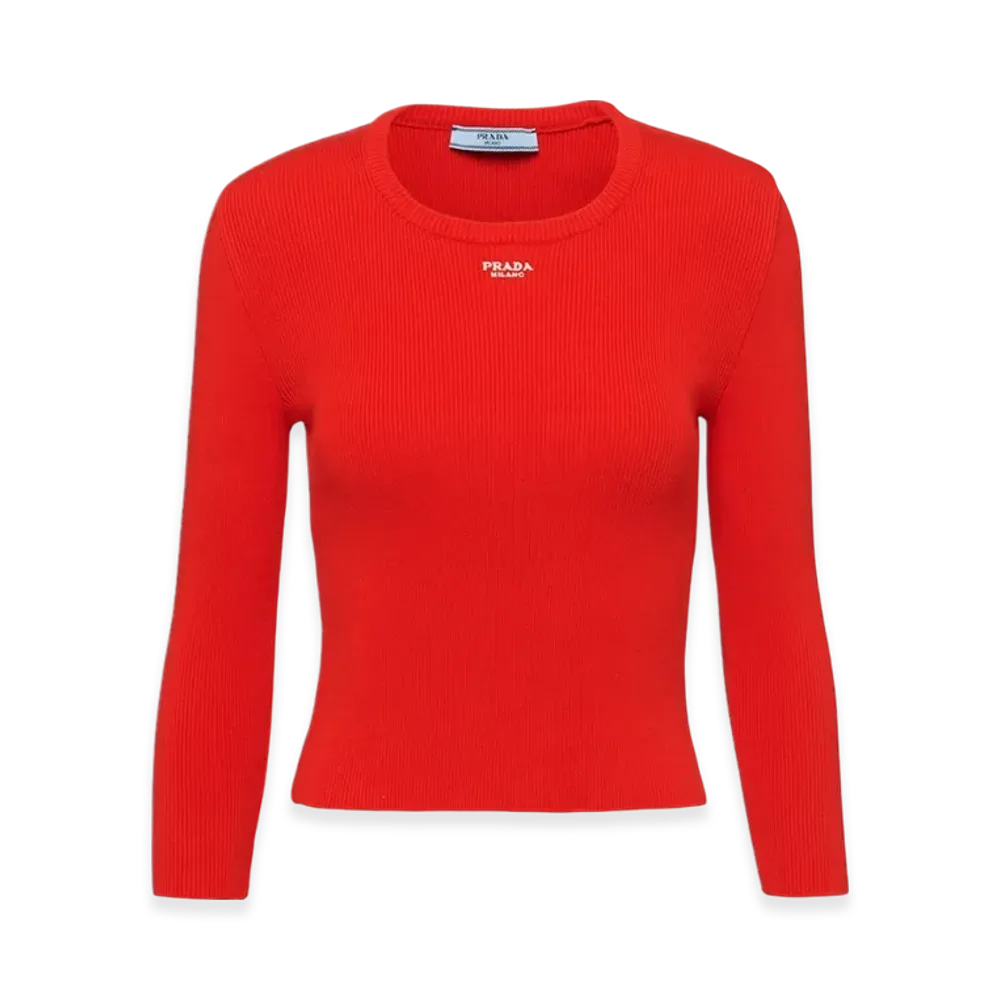 PRADA Women's Cotton Sweater with Embroidered Logo "Lacquer Red"