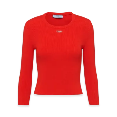 PRADA Women's Cotton Sweater with Embroidered Logo "Lacquer Red"