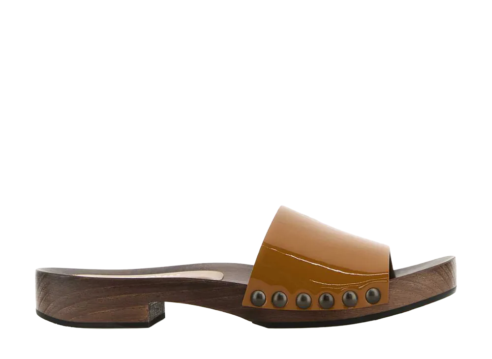 MIU MIU Women's Patent Leather Wood Clog Sandals "Caramel"
