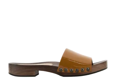 MIU MIU Women's Patent Leather Wood Clog Sandals "Caramel"