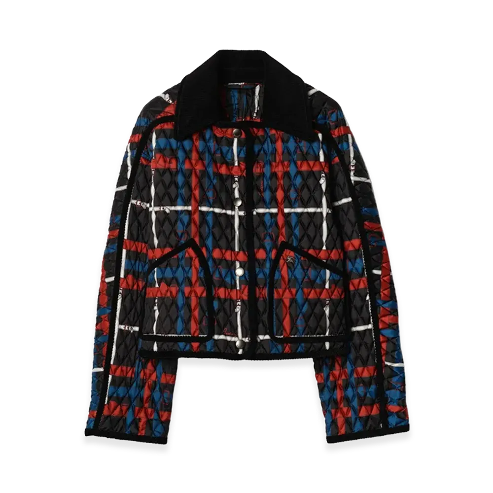 Burberry Women's Cropped Belt Check Quilted Floriston Jacket "Petrol Blue"
