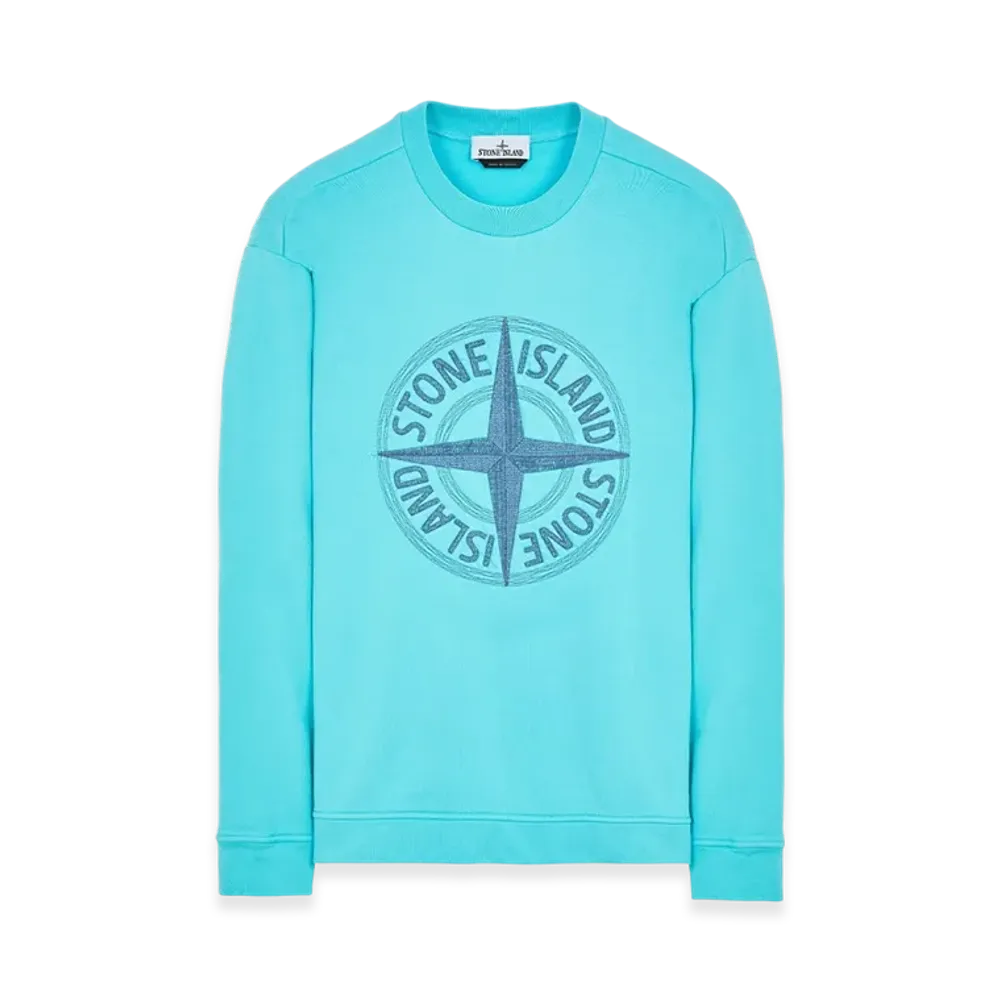 Stone Island 65484 Stitches Four Print Cotton Fleece Garment Dyed Crewneck Sweatshirt - 23SS "Turquoise"
