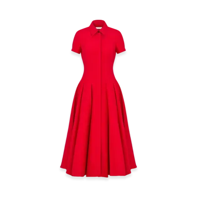 Dior Women's Flared Mid-Length Dress Lightweight Wool Silk "Red"