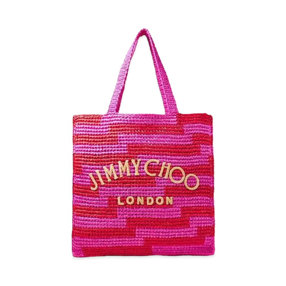 Jimmy Choo Beach Tote S Avenue Crochet Tote Bag "Fuchsia/Paprika/Ecru"