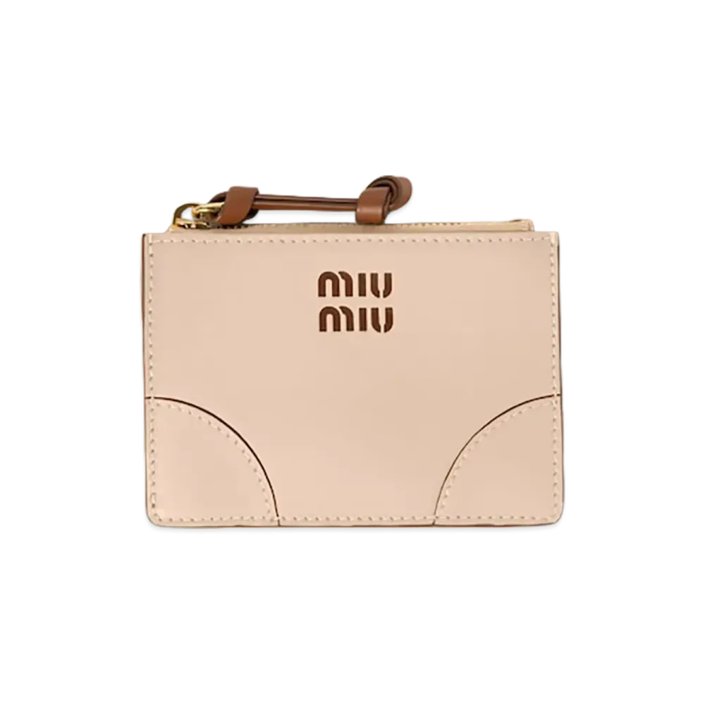 MIU MIU Leather Card Case "Cord Beige/Cognac Brown"