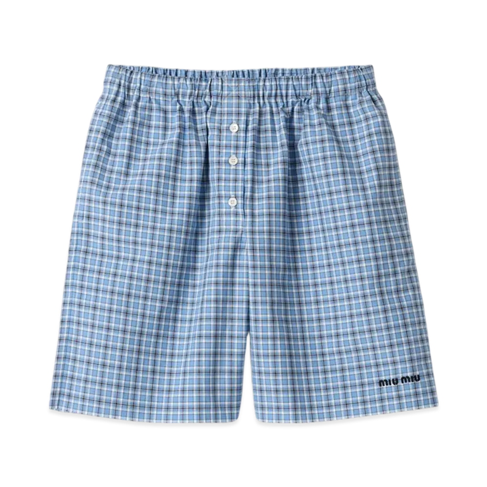 MIU MIU Women's Checked Poplin Boxer Shorts "Celeste Blue"