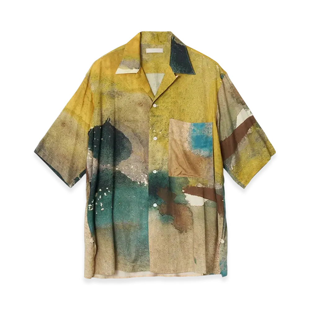 YOKE Landscape Printed Cotton Silk Rayon Twill Open Collar Shirt "Yellow"