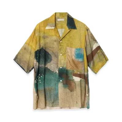 YOKE Landscape Printed Cotton Silk Rayon Twill Open Collar Shirt "Yellow"