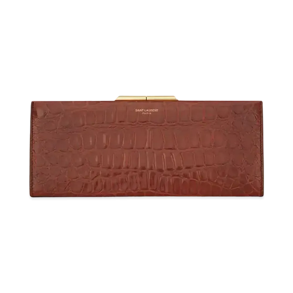 Saint Laurent Midnight Small Clutch In Crocodile-Embossed Lacquered Leather "Caramel/Dark Caramel"