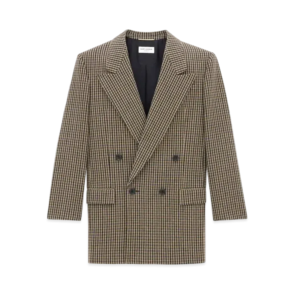 Saint Laurent Women's Jacket in Vichy Wool "Beige/Black/Brown"