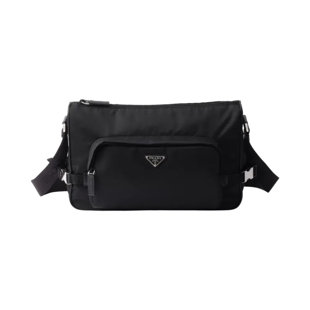 PRADA Large Re-Nylon x Saffiano Leather Shoulder Bag "Black"