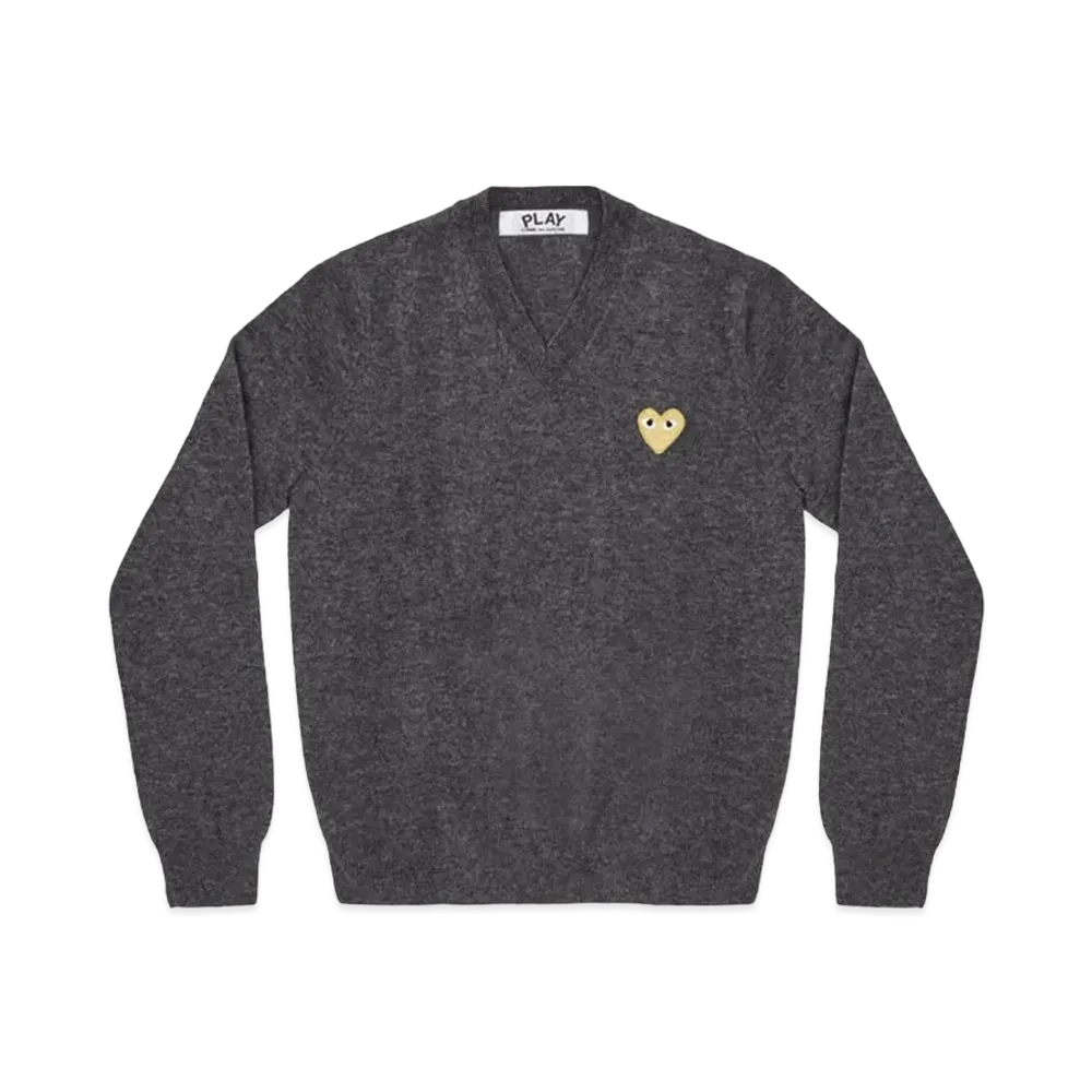 PLAY COMME des GARCONS Gold Heart V Neck Sweater Mens "Medium Gray"