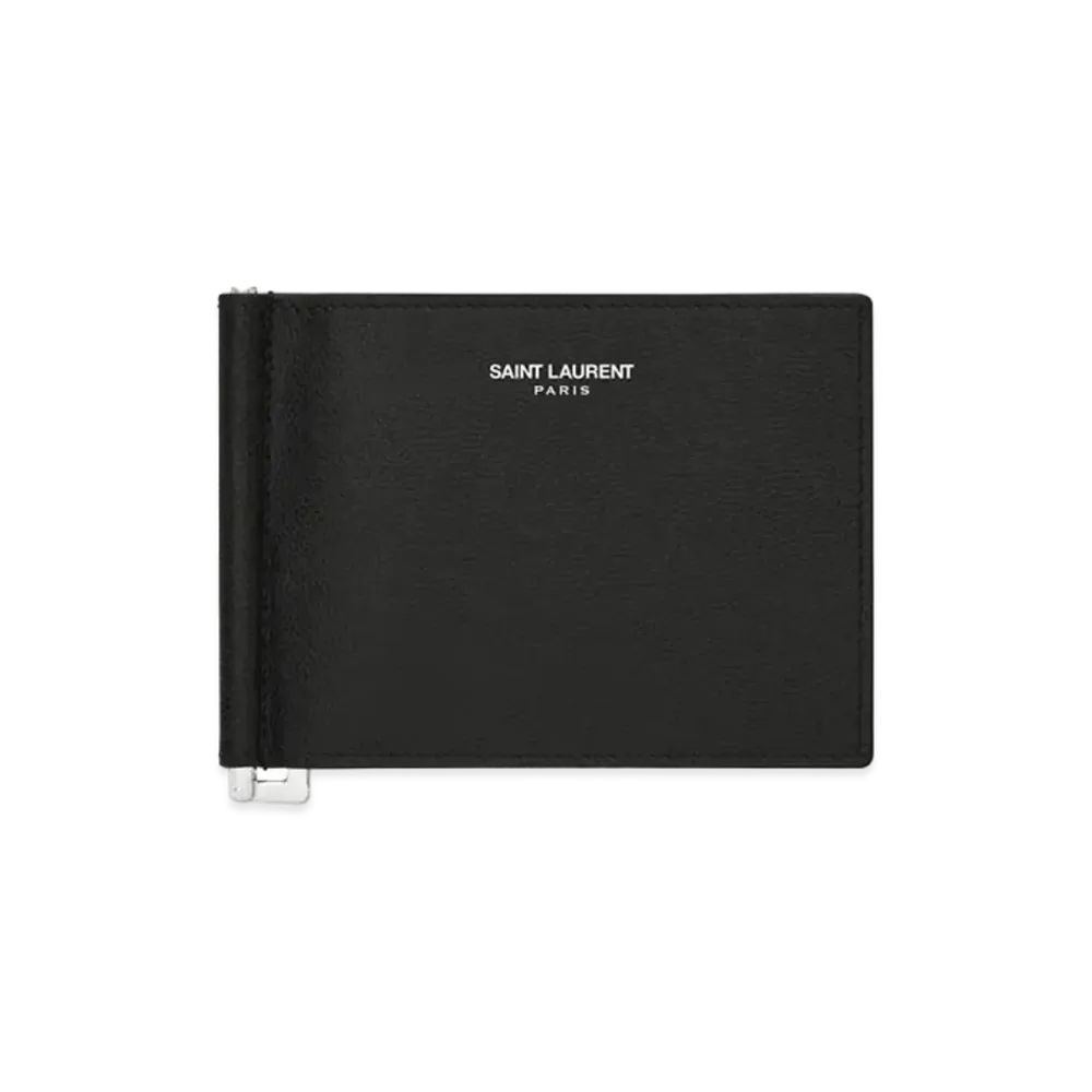 Saint Laurent Bill Clip Wallet In Grain De Poudre Embossed Leather "Black"