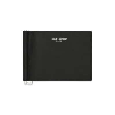 Saint Laurent Bill Clip Wallet In Grain De Poudre Embossed Leather "Black"