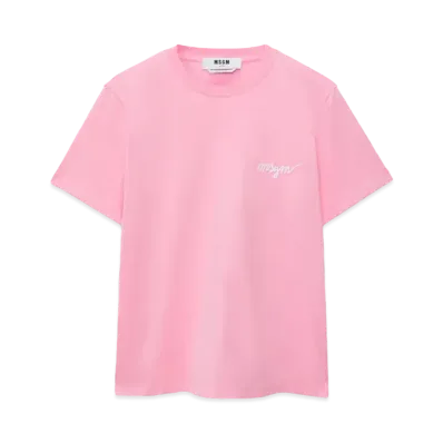 MSGM Pink Jersey T-Shirt With Embroidered Cursive Logo "Pink"