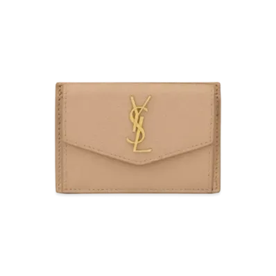 Saint Laurent Uptown Card Case In Grain De Poudre Embossed Leather "Dark Beige"