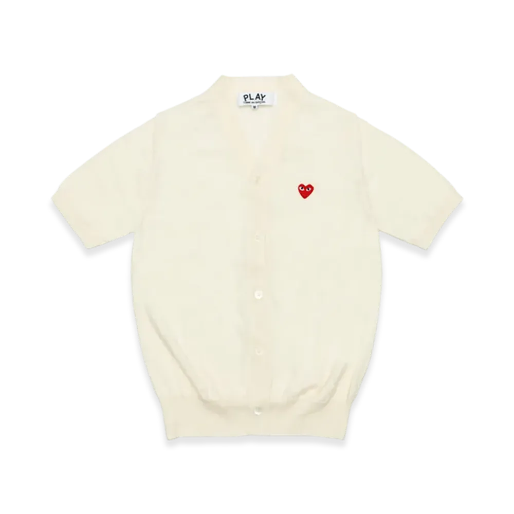PLAY COMME des GARCONS V-Neck Short Sleeve Cardigan With Red Medium Emblem "Off White"