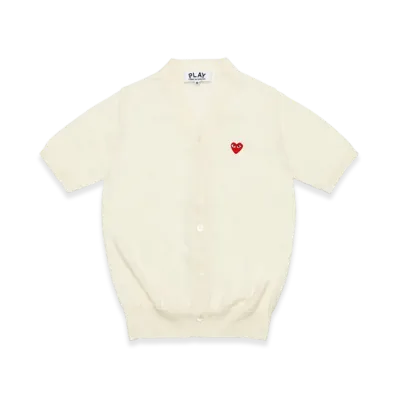 PLAY COMME des GARCONS V-Neck Short Sleeve Cardigan With Red Medium Emblem "Off White"