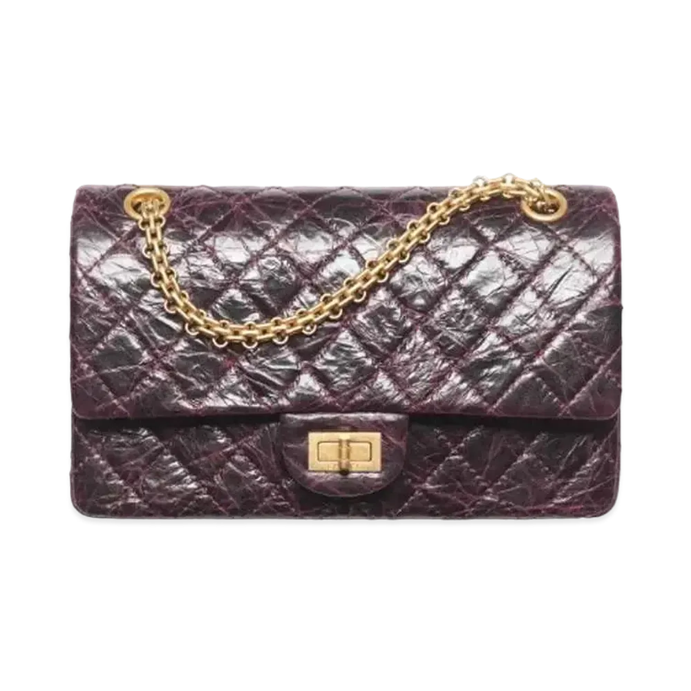 CHANEL 2.55 Handbag Shiny Crumpled Calfskin & Gold-Tone Metal "Dark Purple"