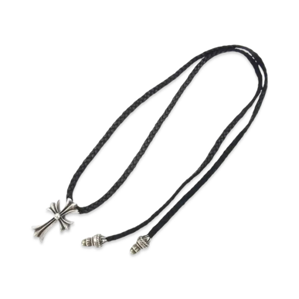 Chrome Hearts Small CH Cross Leather Braid W Bolo Tip Necklace "Silver"