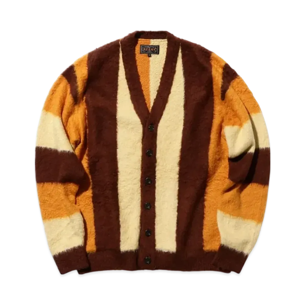 BEAMS Cardigan Stripe Cotton Shaggy "Brown"