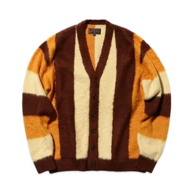 BEAMS Cardigan Stripe Cotton Shaggy "Brown"