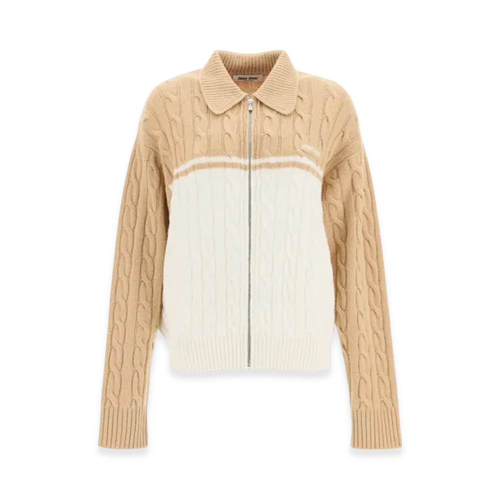MIU MIU Women's Wool Cashmere Zip Up Cardigan "Camel/White"