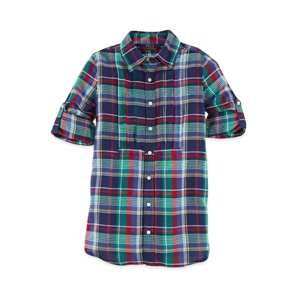 Polo Ralph Lauren Kids Suede Patch L/S Shirt Cotton Plaid Tunic "Navy/Green"