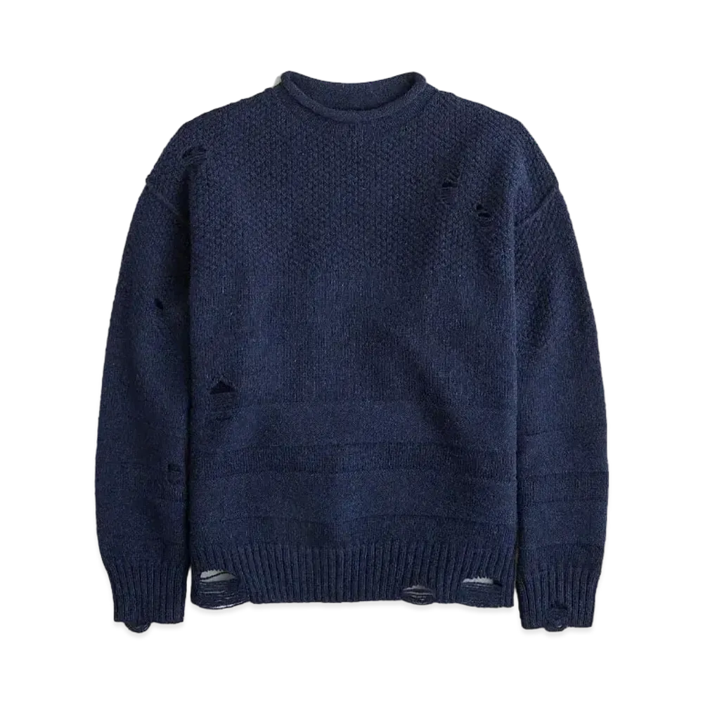 UNION x J.Crew Rollneck Distressed Duernsey-Stitch Wool Sweater "Midnight Blue"