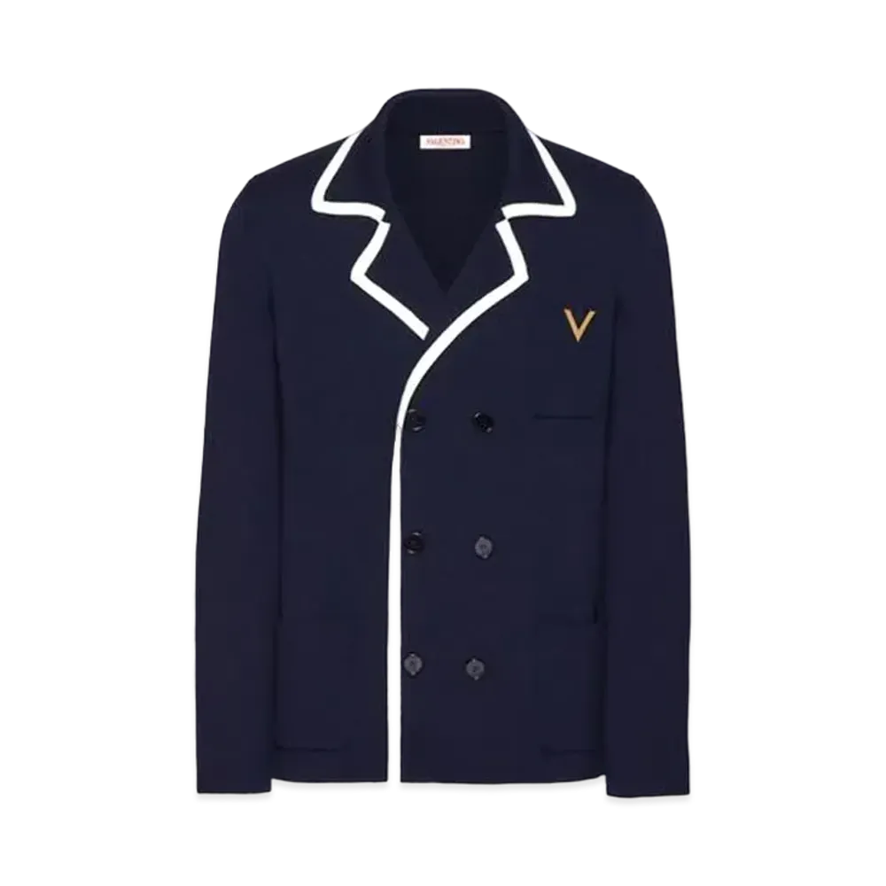 Valentino Product Double Breasted Wool Jacket With Metallic V Detail "Navy/Ivory"