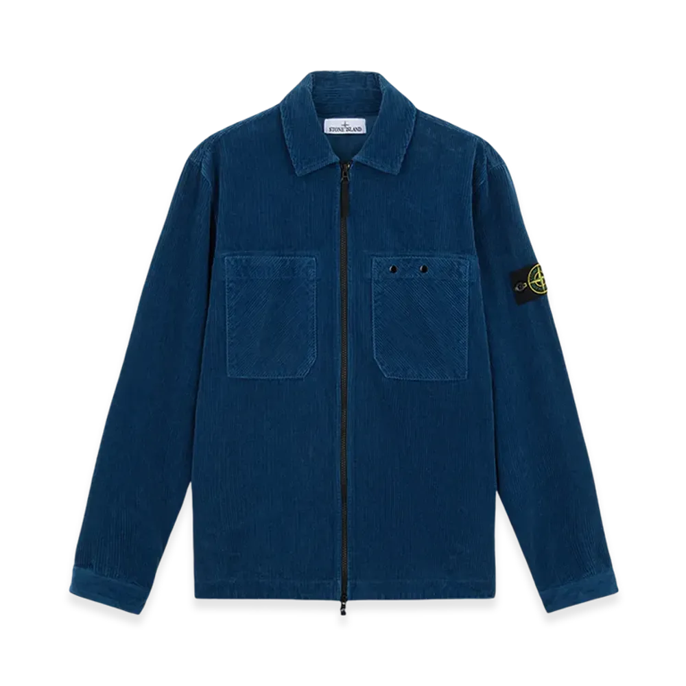 Stone Island 11604 Organic Cotton Corduroy 800 Overshirt with Zipper Fastening - 24FW "Avio Blue"