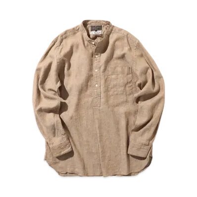 BEAMS Band Collar Pullover Cotton Linen Herringbone "Khaki"