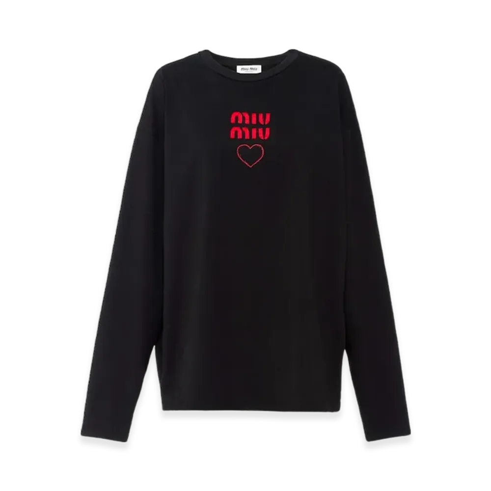 MIU MIU Women's Embroidered Long Sleeve Cotton Jersey T-shirt "Black"