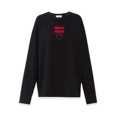 MIU MIU Women's Embroidered Long Sleeve Cotton Jersey T-shirt "Black"