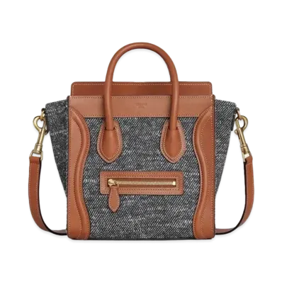 CELINE Nano Luggage Bag in Textile and Natural Calfskin "Navy/Tan"