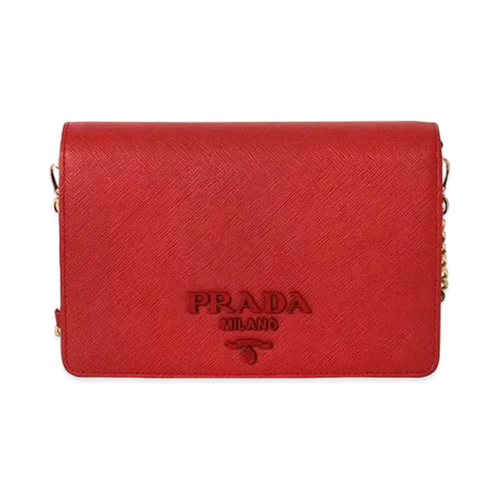 PRADA Saffiano Leather Chain Wallet "Red"