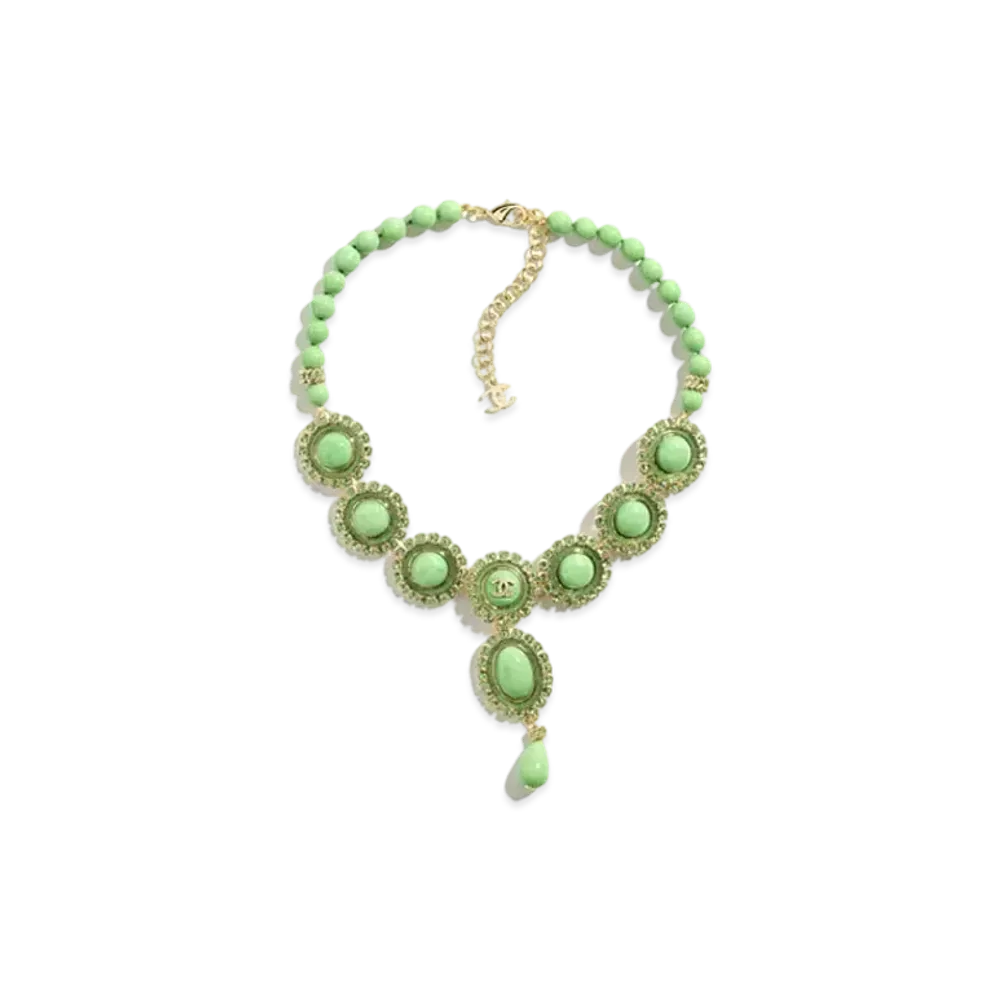 CHANEL Necklace Metal, Resin, Glass Pearls & Strass "Gold/Green/Crystal"