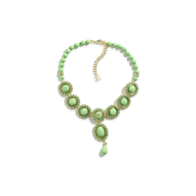 CHANEL Necklace Metal, Resin, Glass Pearls & Strass "Gold/Green/Crystal"