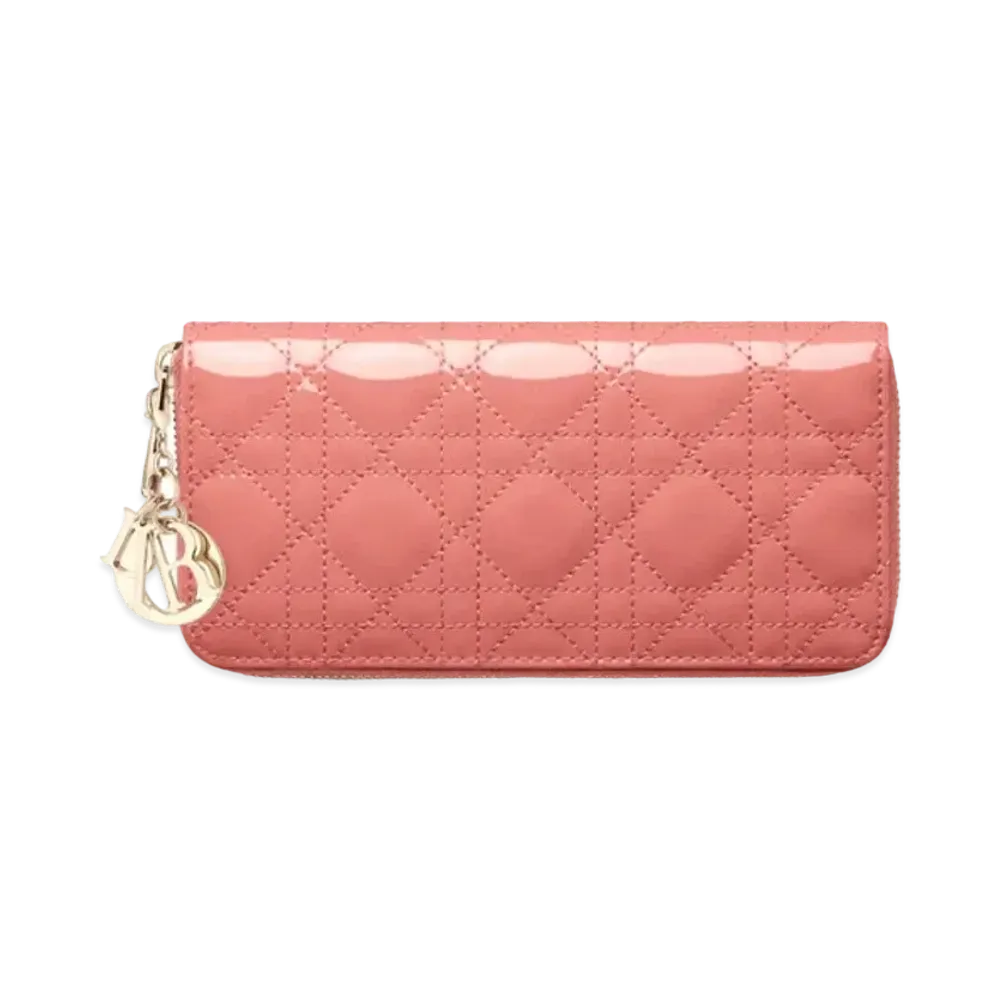 Dior Lady Dior Voyageur Wallet Cannage Patent Calfskin "Dusty Coral Pink"