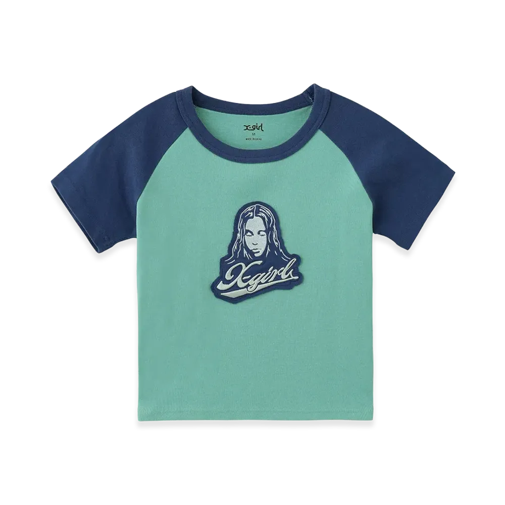 X-Girl Face Embroidered Patch Raglan S/S Baby Tee "Light Green"