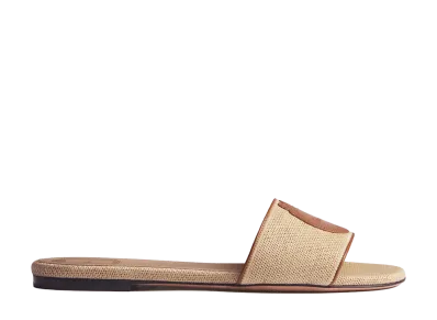 Dior Women's Dioriviera Dior Medaillon Slide Embroidered Cotton and Calfskin "Natural/Cognac Brown"