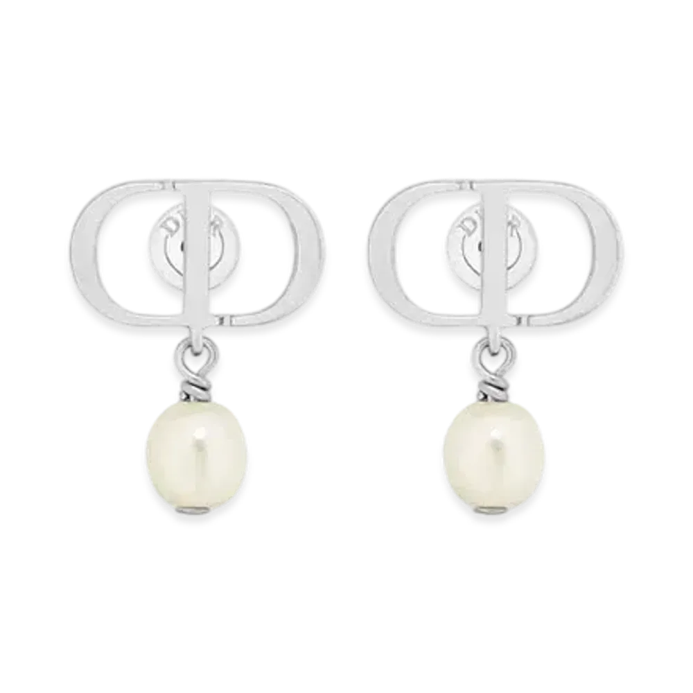 Dior Petit CD Earrings Metal and Resin Pearls "Palladium/White"