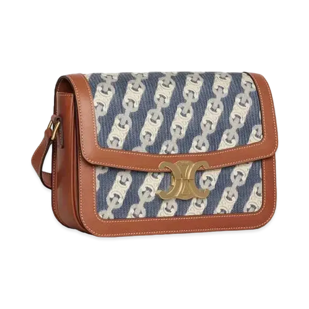CELINE Medium Triomphe Bag in Chaîne Triomphe Jacquard and Natural Calfskin "Navy/Tan"