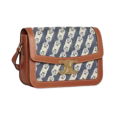 CELINE Medium Triomphe Bag in Chaîne Triomphe Jacquard and Natural Calfskin "Navy/Tan"