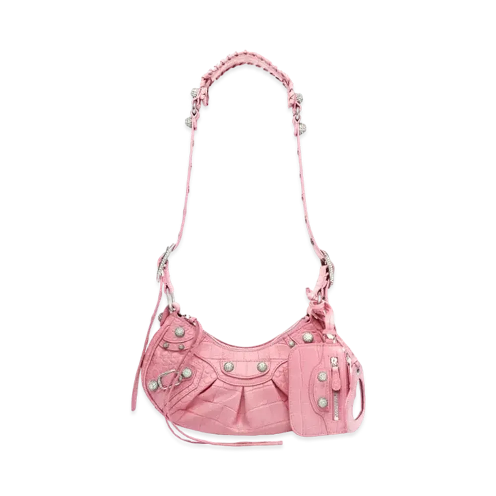 BALENCIAGA Le Cagole XS Shoulder Bag Crocodile Embossed With Rhinestones "Pink"