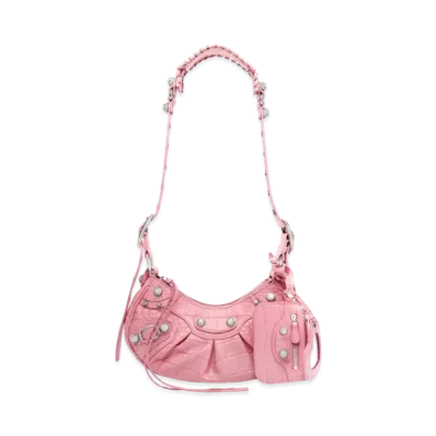 BALENCIAGA Le Cagole XS Shoulder Bag Crocodile Embossed With Rhinestones "Pink"