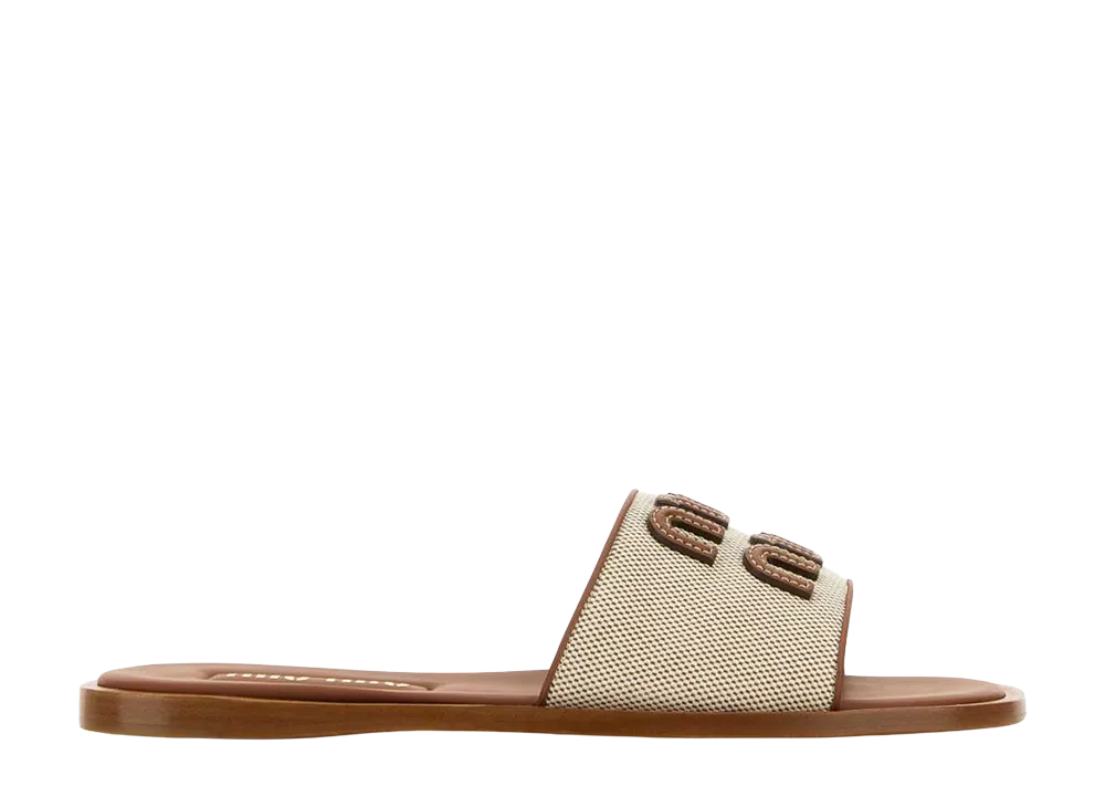 MIU MIU Women's Canvas Leather Slide Sandal "Beige/Brandy"