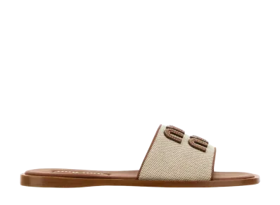 MIU MIU Women's Canvas Leather Slide Sandal "Beige/Brandy"