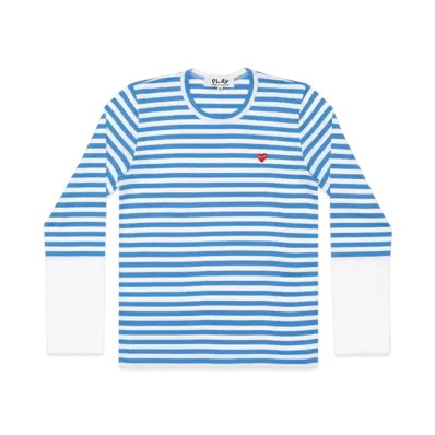 PLAY COMME des GARCONS Unisex Border Long Sleeve T-Shirt With Small Emblem AX-T320-051 "Blue/White"