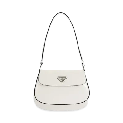 PRADA Cleo Brushed Leather Shoulder Bag with Flap "White"